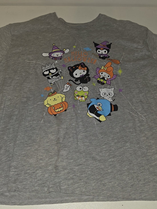 Hello Kitty Tops - Hello Kitty Halloween Character Graphic Tee - Gray with Multicolor Print